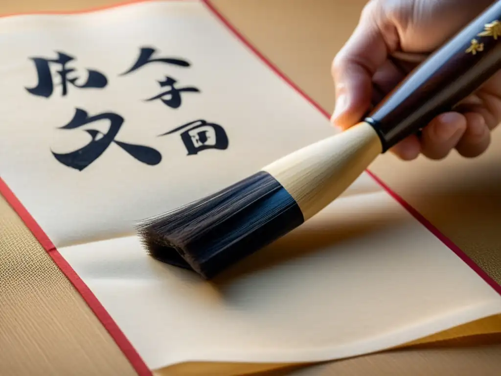 Detalle de pincel caligráfico japonés sobre papel washi, evocando la estética del haiku en samurái con precisión y elegancia