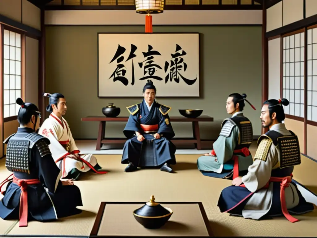 Detalle de pintura estilo documental que muestra influencia confuciana en política samurái con guerreros en discusión estratégica y elegante entorno