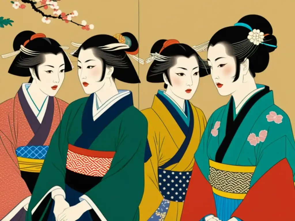 Detalle de pintura japonesa de mujeres influyentes en la sociedad samurái, vestidas con kimonos coloridos, en una reunión política seria y poderosa