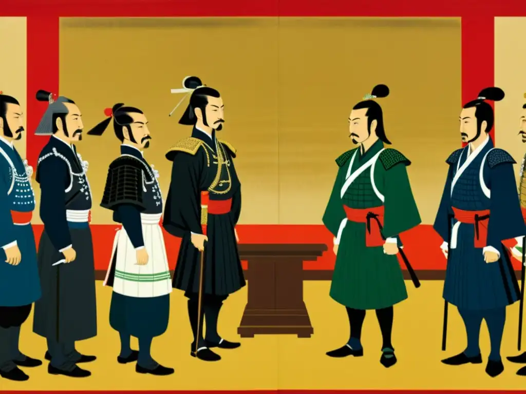 Detalle de pintura de Oda Nobunaga en negociaciones diplomáticas con representantes occidentales, reflejando la interacción cultural