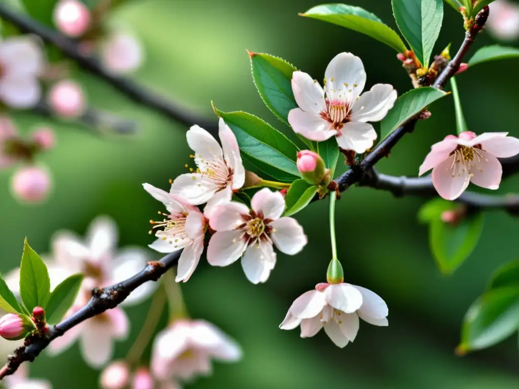 Detalle de una rama de cerezo en flor, con pétalos rosados y follaje verde, evocando la conexión poética samurái naturaleza