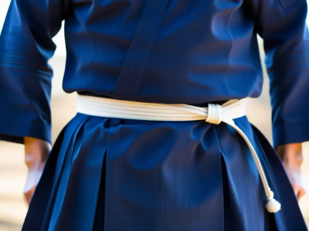 Detalle de un gi de kendo samurái en un dojo tradicional, mostrando precisión en las katas de kendo