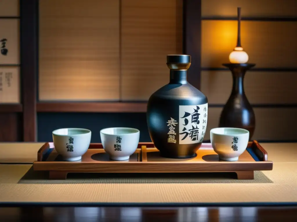 Detalle 8k de un set de sake en escenario tradicional para ceremonia samurái