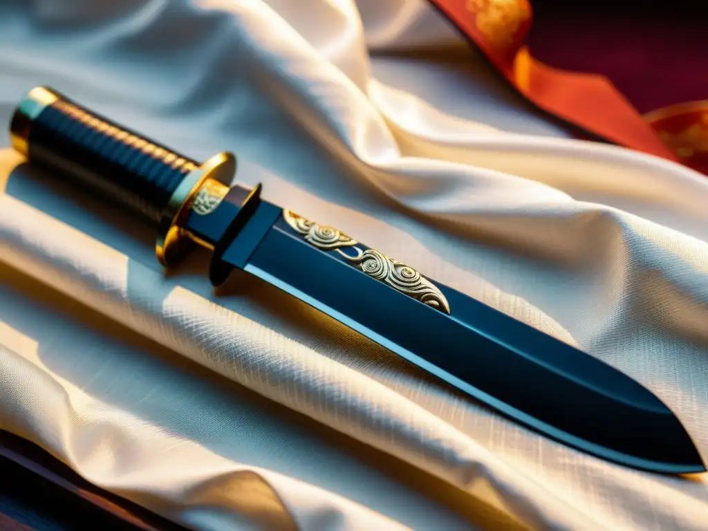 Detalle de un tanto japonés en seda blanca con hoja iluminada, simbolismo del código Bushido y seppuku en una atmósfera evocadora