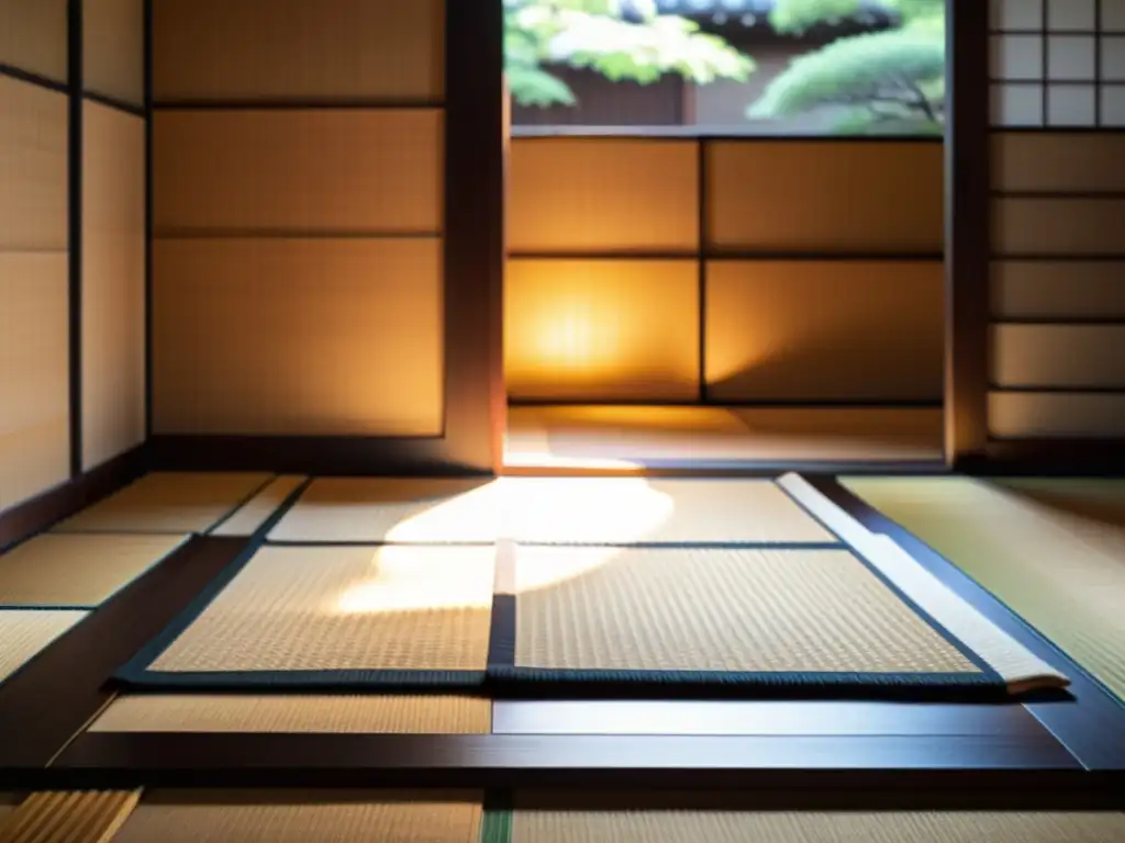 Detalle de los tatamis en el hogar samurai, con luz natural y arquitectura tradicional