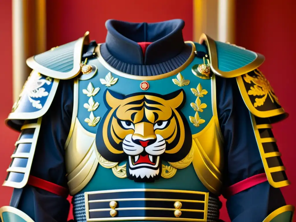 Detalle del mon samurái con diseño de tigre, reflejando honor y orgullo familiar