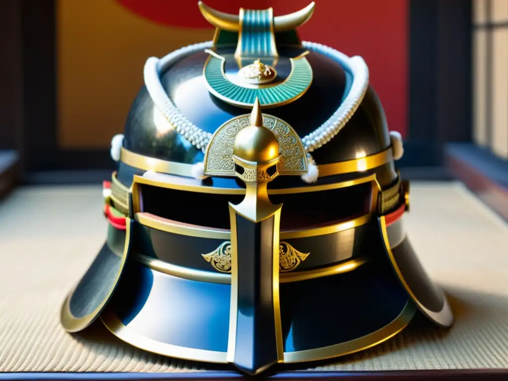 Detalle de un kabuto samurái tradicional, con emblemas del clan, destacando la artesanía y la evolución histórica