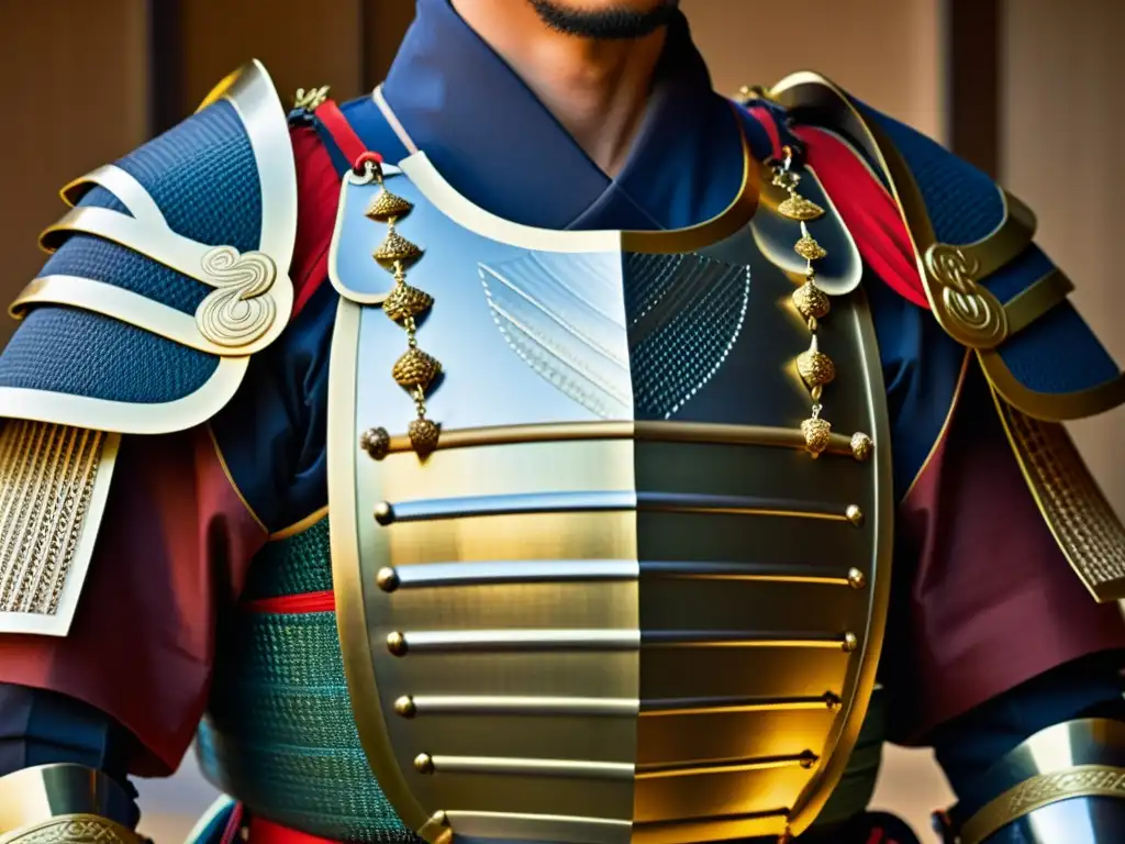 Detalle de un traje de armadura samurái japonés, resaltando los tejidos y placas metálicas