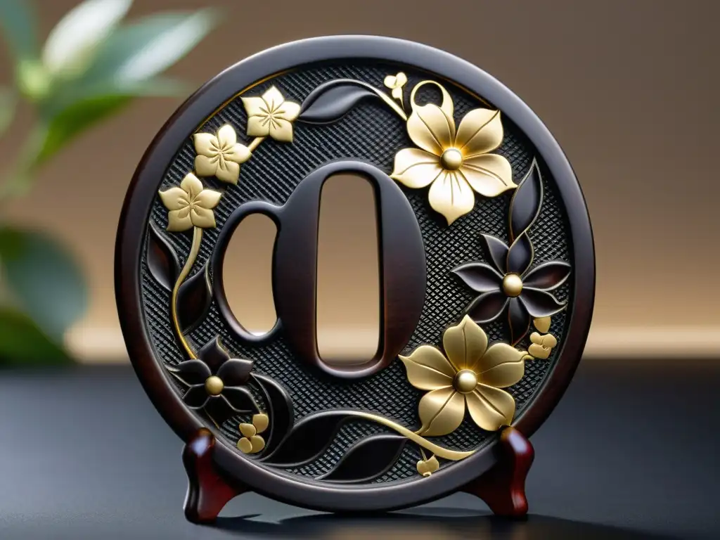 Detalle de réplica de Tsuba con diseño floral y geométrico, destacando la elegante artesanía y autenticidad