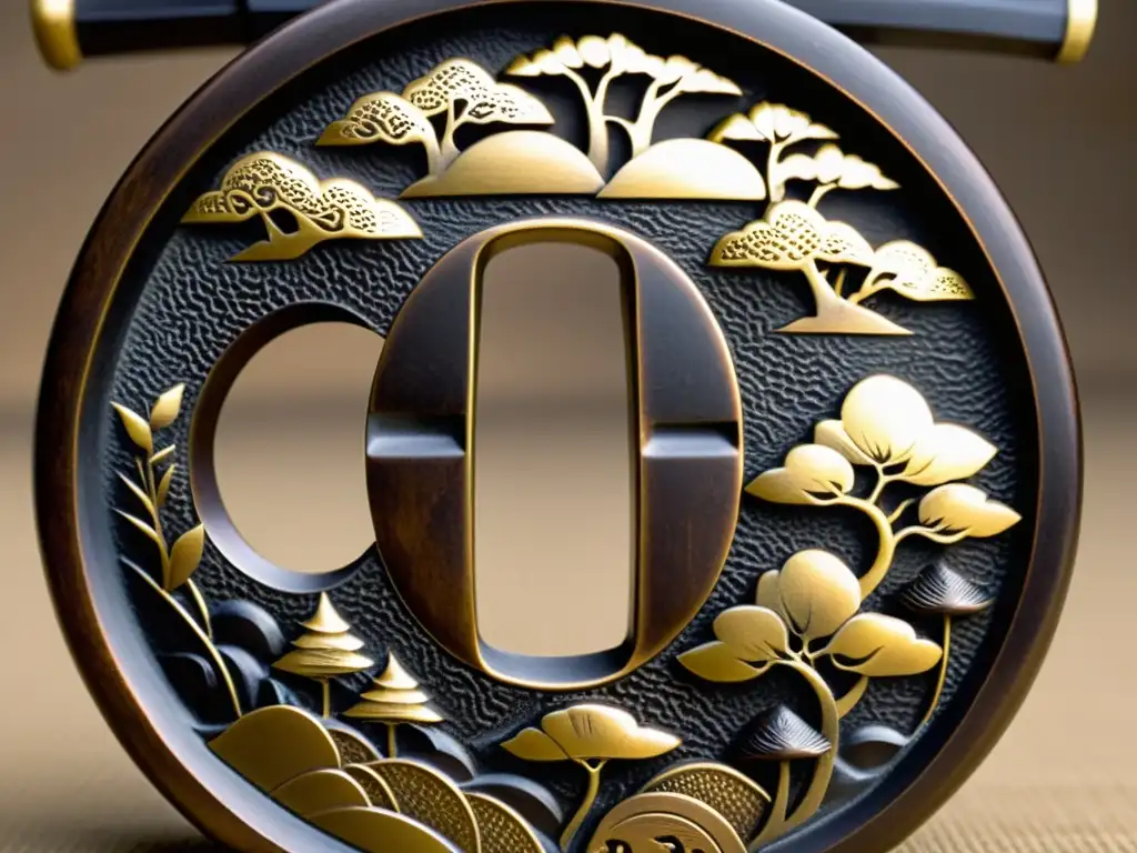 Detalle magnífico de Tsuba japonés, obra de arte samurái Detalle de Tsuba japonés, muestra el significado del Tsuba en la cultura samurái con intrincados diseños de la naturaleza y la mitología japonesa