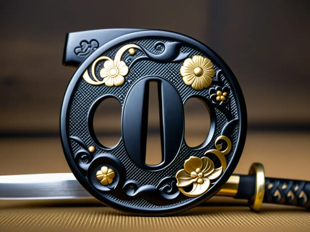 Detalle de Tsuba tradicional en katana, con grabados intrincados