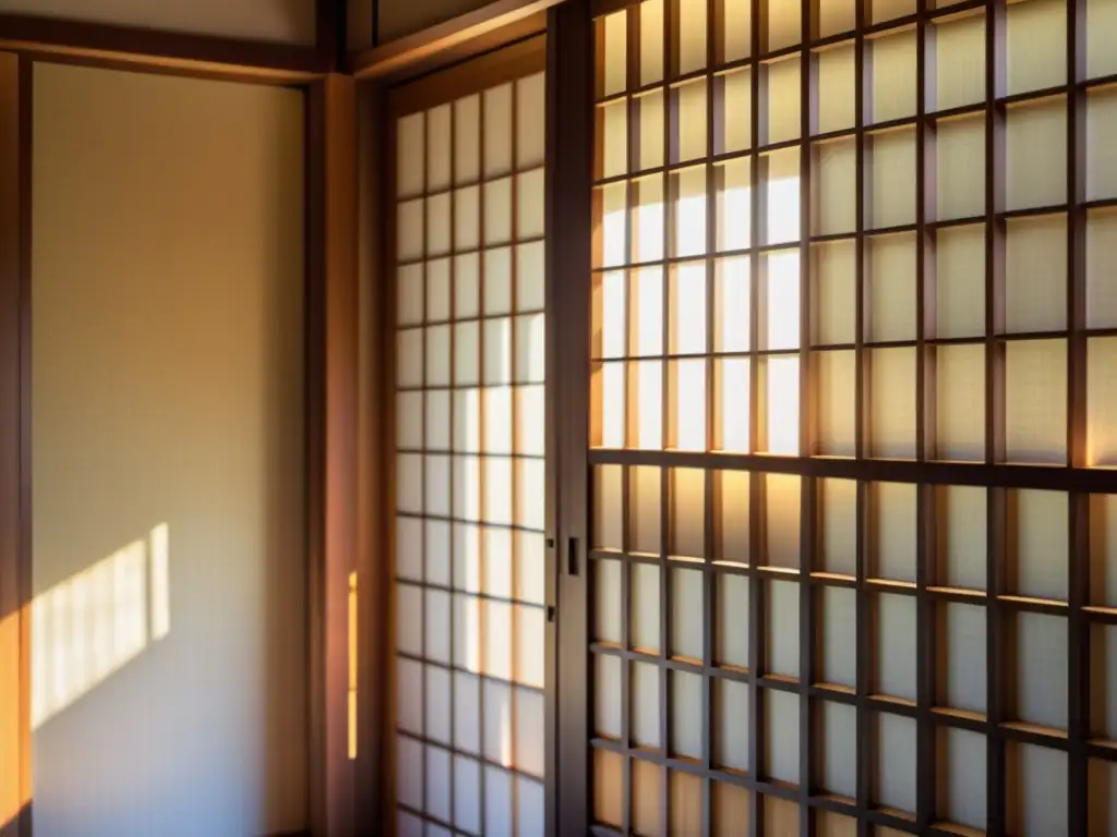 Detalle ultra realista de una puerta shoji japonesa tradicional con intrincado trabajo de madera y papel de arroz