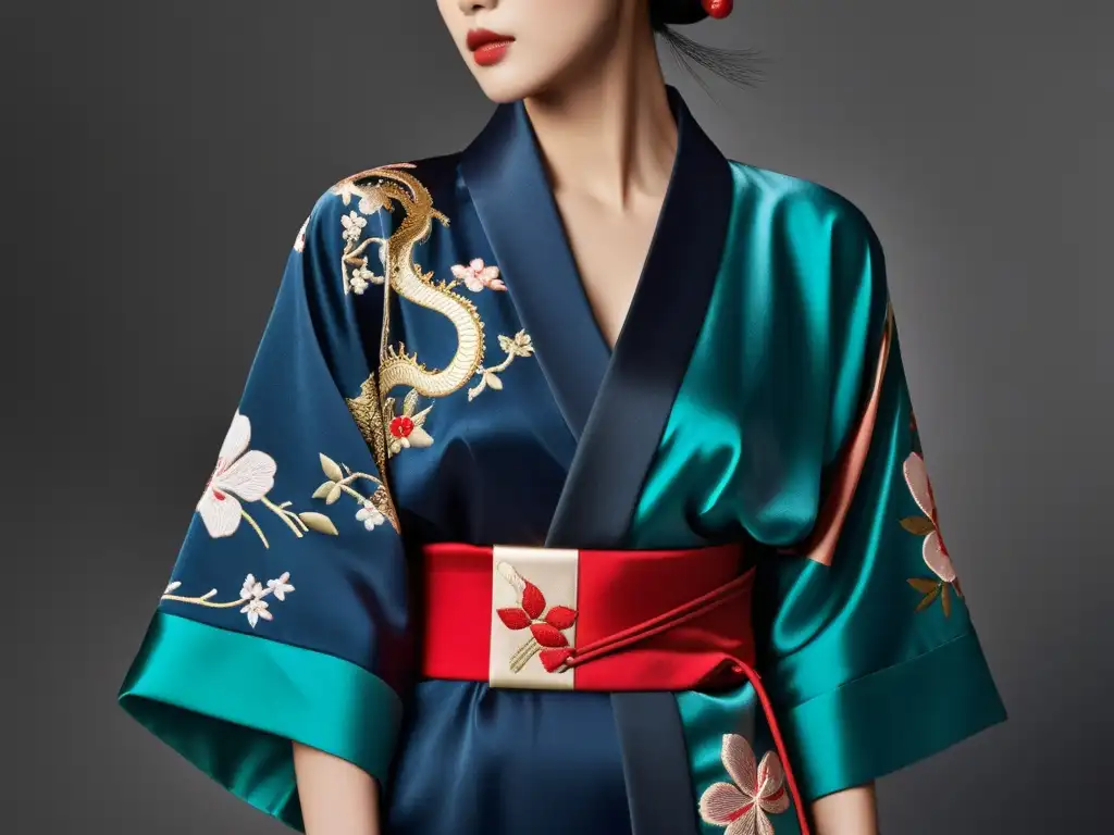 Detalle ultradetallado de un kimono moderno con bordados inspirados en samuráis, mostrando elegancia y estilo kimono samurai moderno