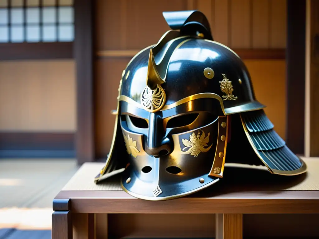 Detalles del casco de samurái en dojo japonés: artesanía, patina de edad y atmósfera serena