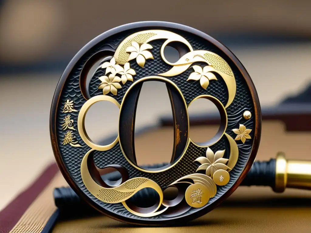 Tsuba samurái: belleza y artesanía en detalle Detalles dorados y plateados adornan la tsuba de la espada samurái