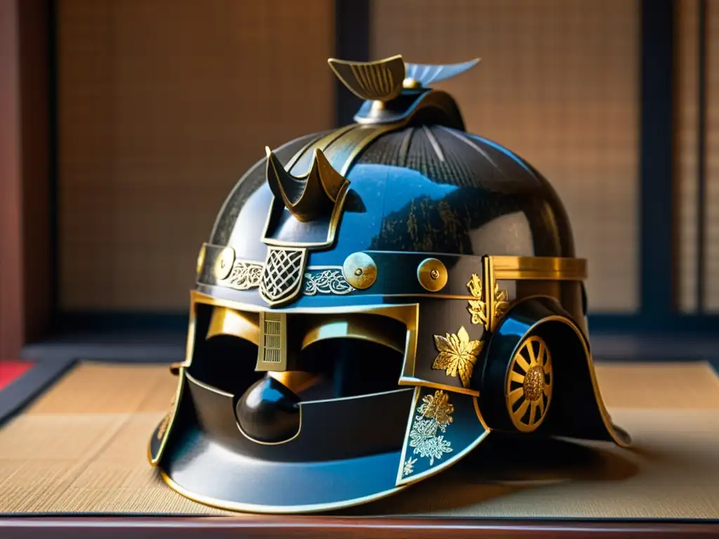 Detalles envejecidos de un casco de samurái en una habitación de té japonesa, capturando la estética WabiSabi en cultura samurái