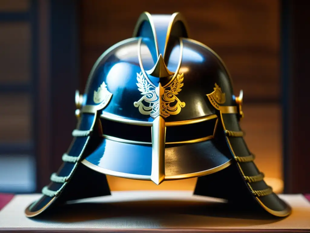 Detalle impresionante de un casco samurái antiguo Detalles impresionantes de un casco samurái antiguo, con metal labrado, madera lacada y cuerdas de seda