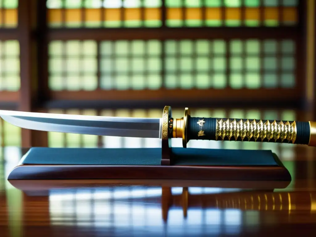 Detalles impresionantes de una katana tradicional samurái sobre un soporte de madera