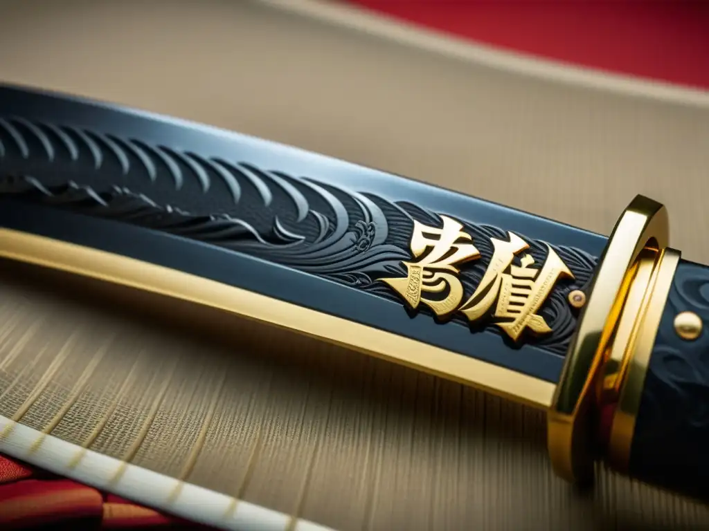 Detalles de inscripciones en la hoja de un Wakizashi, resaltando la cultura samurái