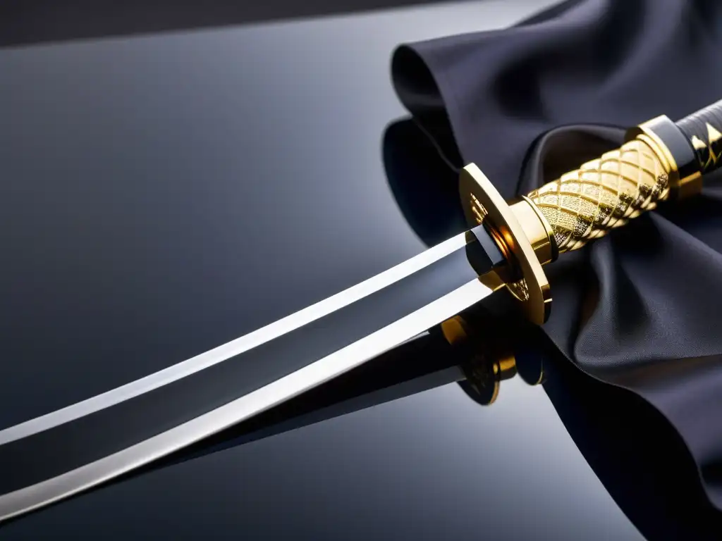 Réplica de katana samurái con detalles intrincados en dojo japonés sereno