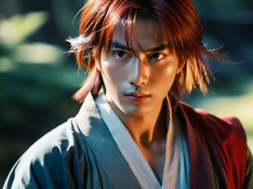 Kenshin Himura muestra su determinación con su expresión solemne y su cabello rojo, evocando los principios de Bushido en el Anime