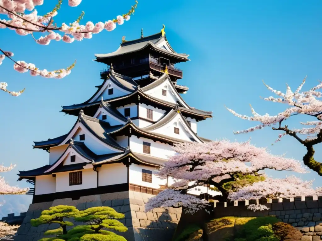 Un día soleado en Matsue Castle, rodeado de cerezos en flor, reflejando el legado samurái en Matsue