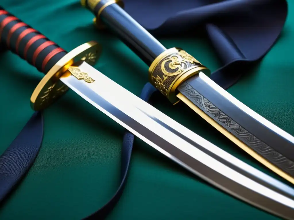 Diferencias entre katana y wakizashi: Detalle de la artesanía y la historia en la hoja curva, el tsuka y el tsuba de una wakizashi tradicional