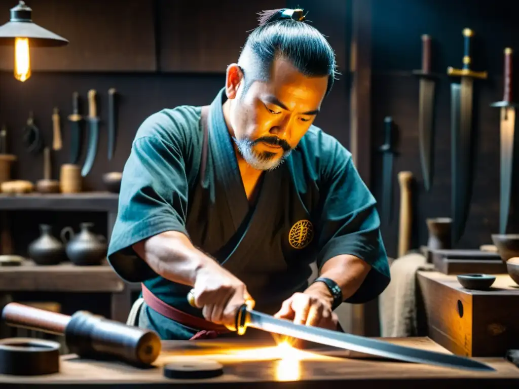 Diferencias entre wakizashi y katana: Imagen de un maestro espadero meticuloso forjando una wakizashi en un taller tradicional atmosférico