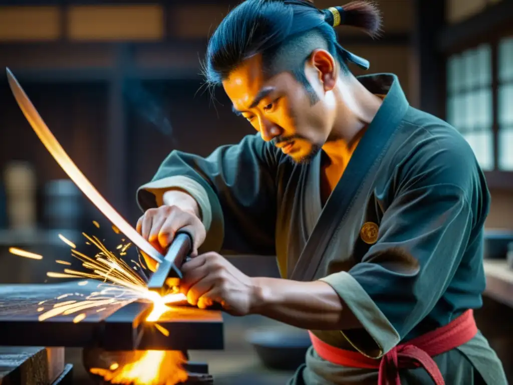 Diferencias entre katana y wakizashi: Maestro espadero japonés forja con precisión una katana, chispas vuelan, destacando la antigua artesanía