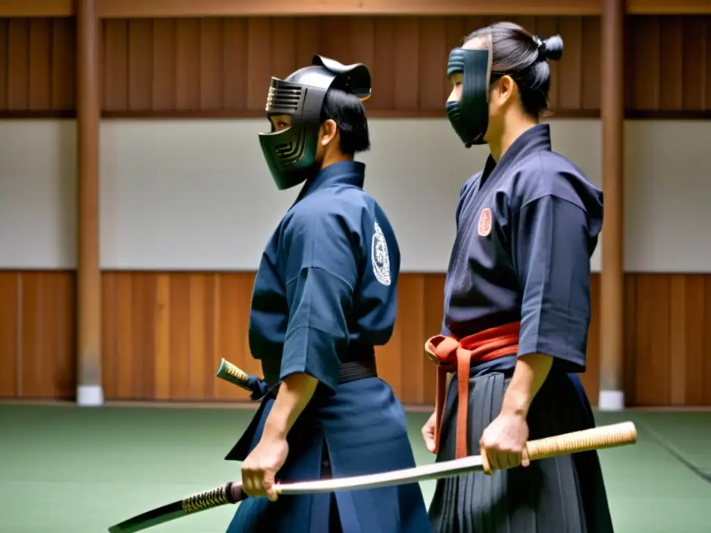 Diferencias entre Kendo y Esgrima: Intensa confrontación entre practicantes en un dojo tradicional japonés