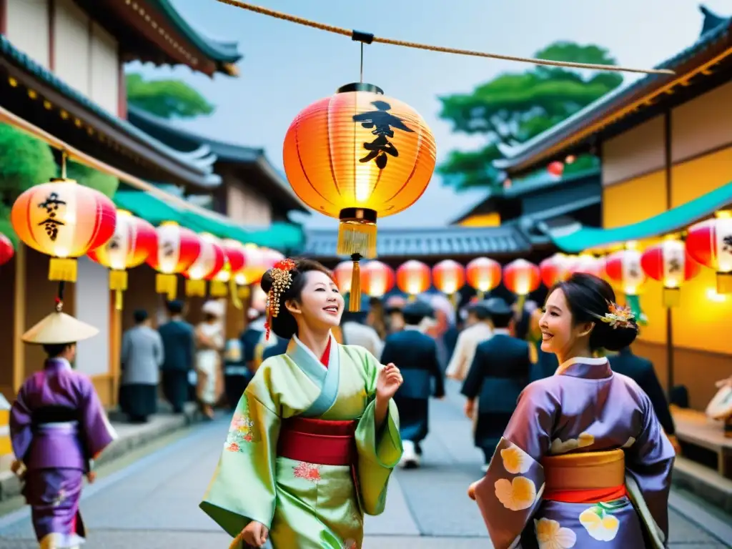 Difusores de la cultura japonesa celebrando en un festival tradicional con danza y coloridas linternas