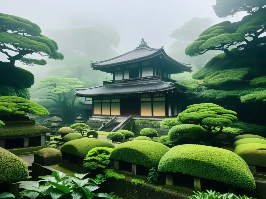 Dilapidadas ruinas del Shogunato Kamakura envueltas en exuberante vegetación, con luz tenue al amanecer