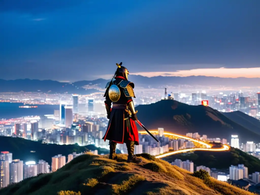 Dilema del ronin en mundo moderno: Samurai solitario observa la ciudad desde la colina, enfrentando la transición cultural