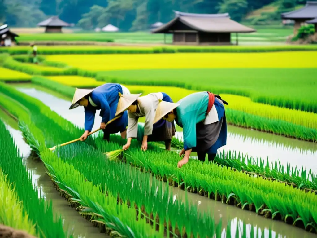 Dinámicas sociales en el Japón feudal: campesinos japoneses trabajando en un arrozal, reflejando autenticidad histórica y laboriosidad