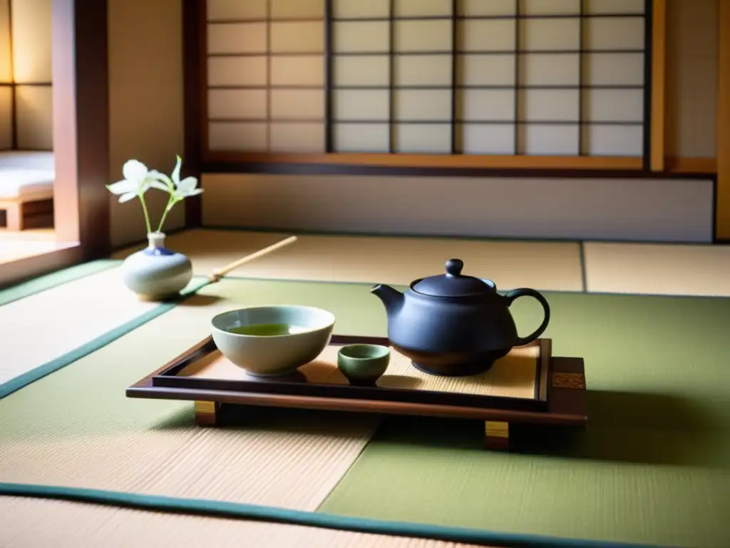 Diplomacia samurái: ceremonia del té japonesa en una sala tranquila con utensilios y arreglos florales meticulosamente dispuestos, anfitrión en kimono sirviendo matcha mientras los invitados observan en silencio respetuoso