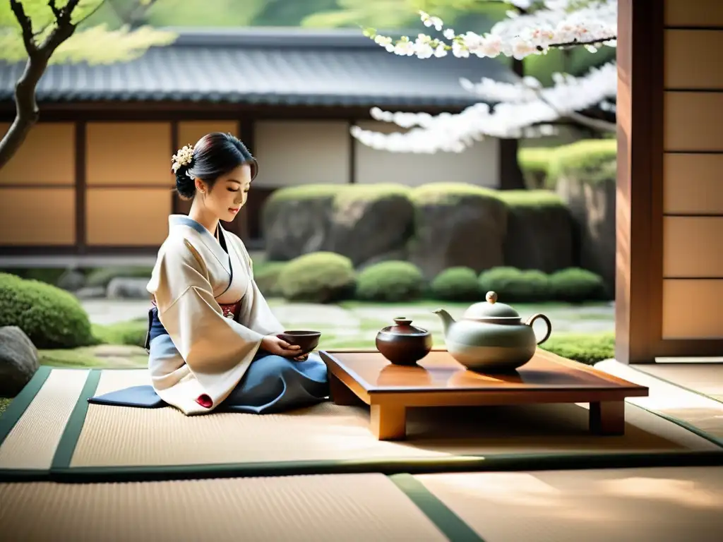 Diplomacia samurái: ceremonia del té en un jardín sereno con kimonos, cerámica y cerezos en flor, capturando la esencia de tratados y negociaciones