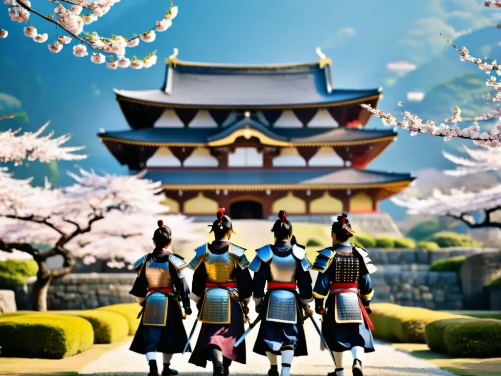 Diplomacia samurái en tierras extranjeras: guerreros en armadura tradicional y katanas frente a un majestuoso castillo japonés y cerezos en flor