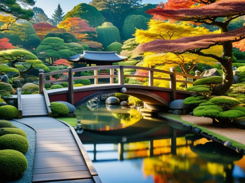 Diplomacia samurái en tierras extranjeras: Jardín japonés con colores otoñales, samurái en puerta con espada