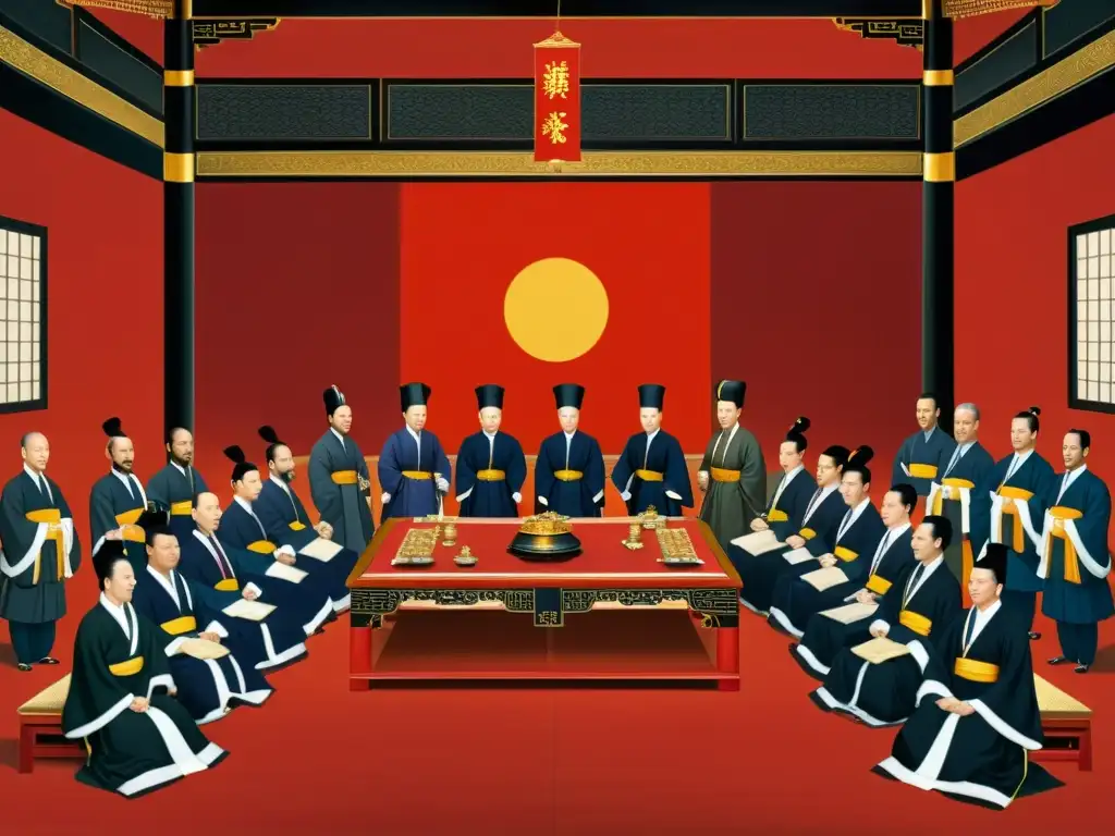 Diplomacia del shogunato Tokugawa: Pintura detallada de reunión diplomática entre Japón y China en una lujosa sala