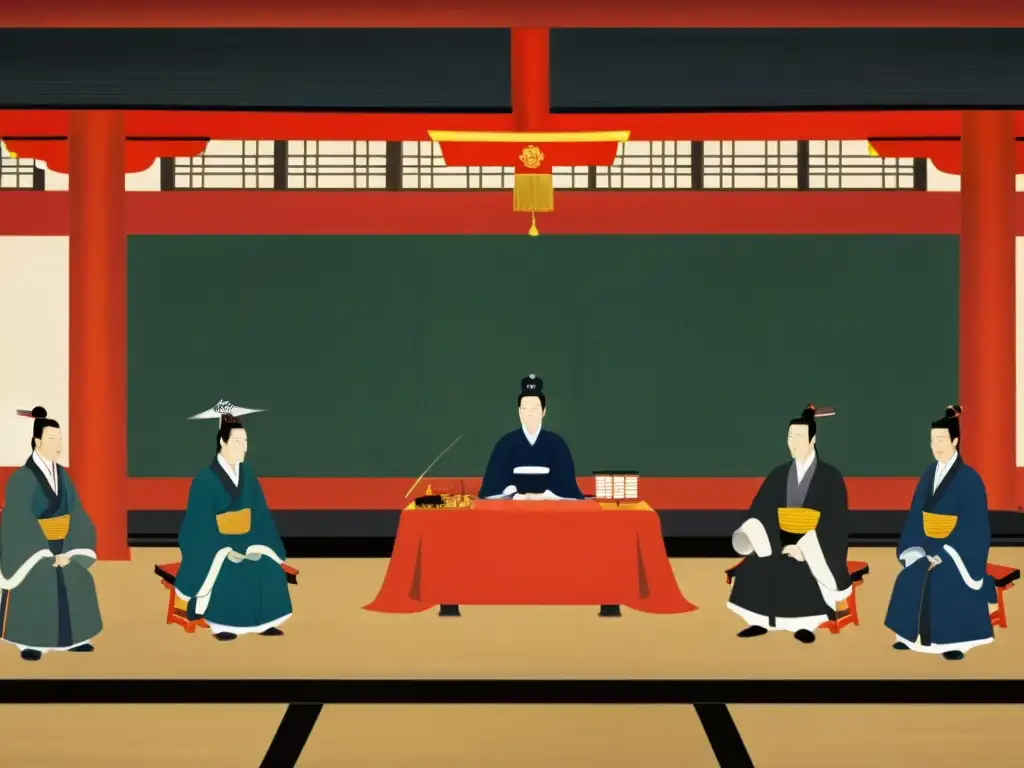 Diplomacia del shogunato Tokugawa: Reunión histórica entre representantes japoneses, chinos y coreanos en un majestuoso salón decorado