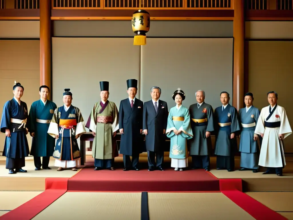 Reunión diplomática del shogunato Tokugawa entre japoneses y chinos o coreanos, con detalles ceremoniales y regalos diplomáticos