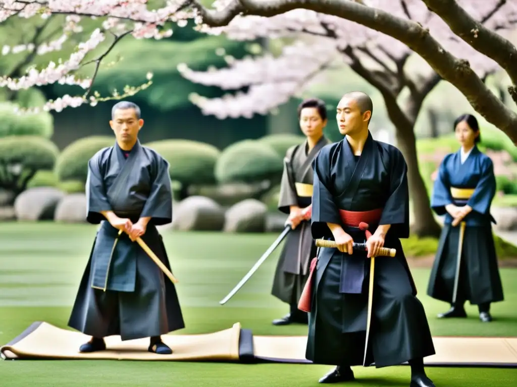 Práctica disciplinada de Iaido en un jardín japonés, eventos prestigiosos de Iaido