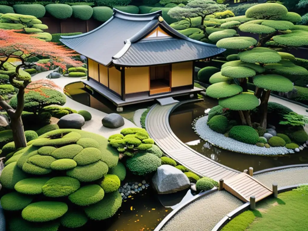 Jardín samurái meticulosamente diseñado con senderos de gravilla, estanque tranquilo y casa de té tradicional rodeada de naturaleza