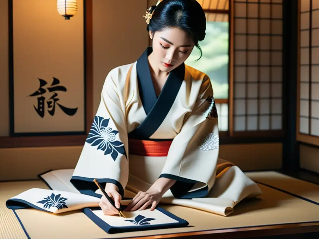 Un diseñador de moda moderno crea un kimono con diseño samurái, rodeado de caligrafía y arte japoneses, en un estudio lleno de luz natural