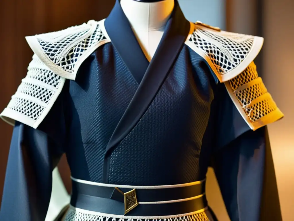Diseñador de moda fusiona armadura samurái con estilo contemporáneo Un diseñador de moda crea una prenda inspirada en la armadura samurái, fusionando elementos antiguos y modernos