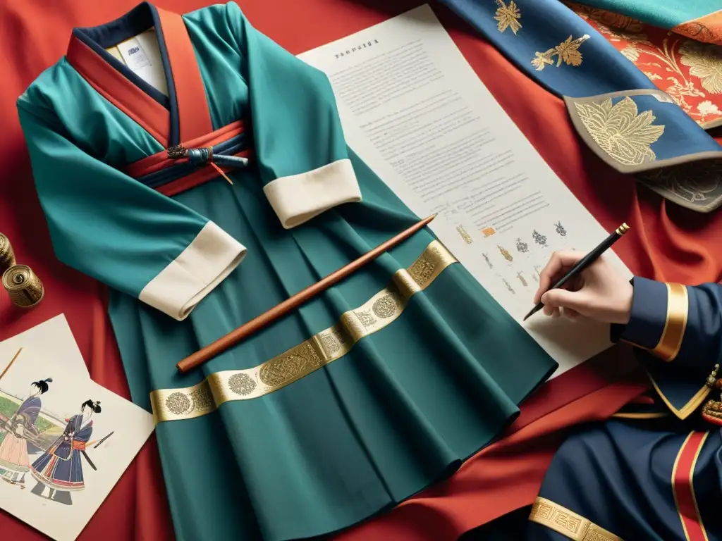 Un diseñador de trajes de samurai traza meticulosamente detalles en un entorno vibrante y lleno de historia, capturando la esencia de la estética del Samurai en cine y anime