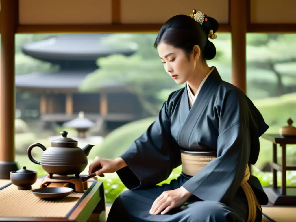 Una fotografía documental de alta resolución de un ceremonial de té tradicional en un festival samurái en Japón