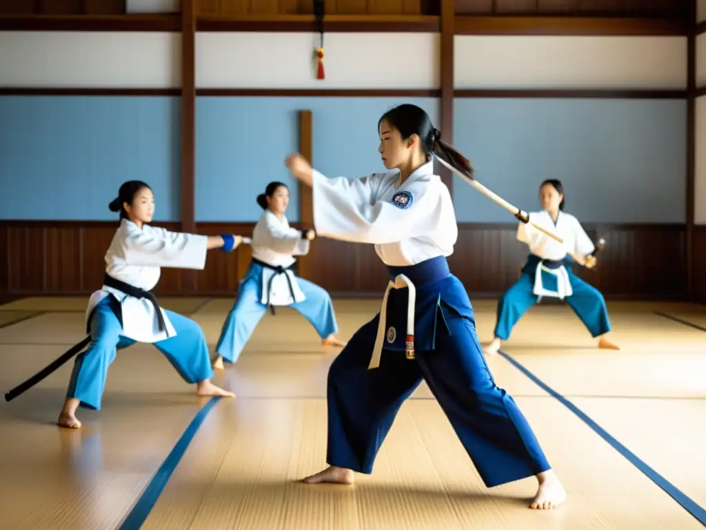 En un dojo amplio y bien iluminado, practicantes modernos de Naginatajutsu, vestidos con uniformes tradicionales, entrenan con precisión