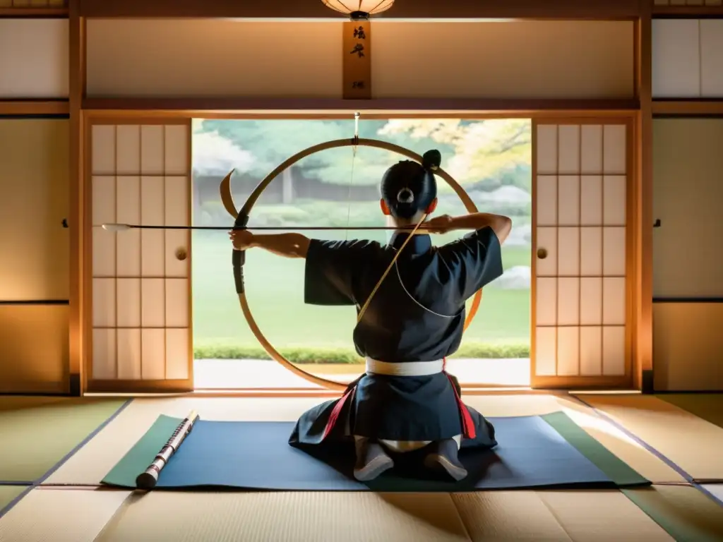 Un dojo de arquería japonés tradicional con práctica de Kyudo, transmitiendo serenidad, concentración y desarrollo personal a través de Kyudo