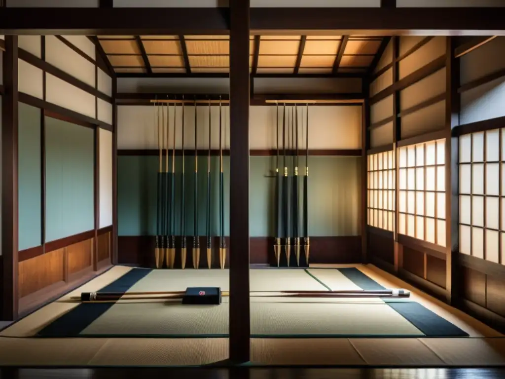 Una dojo de arquería samurái con detalles elegantes, arcos y flechas de madera, y practicantes concentrados bajo la mirada del sensei